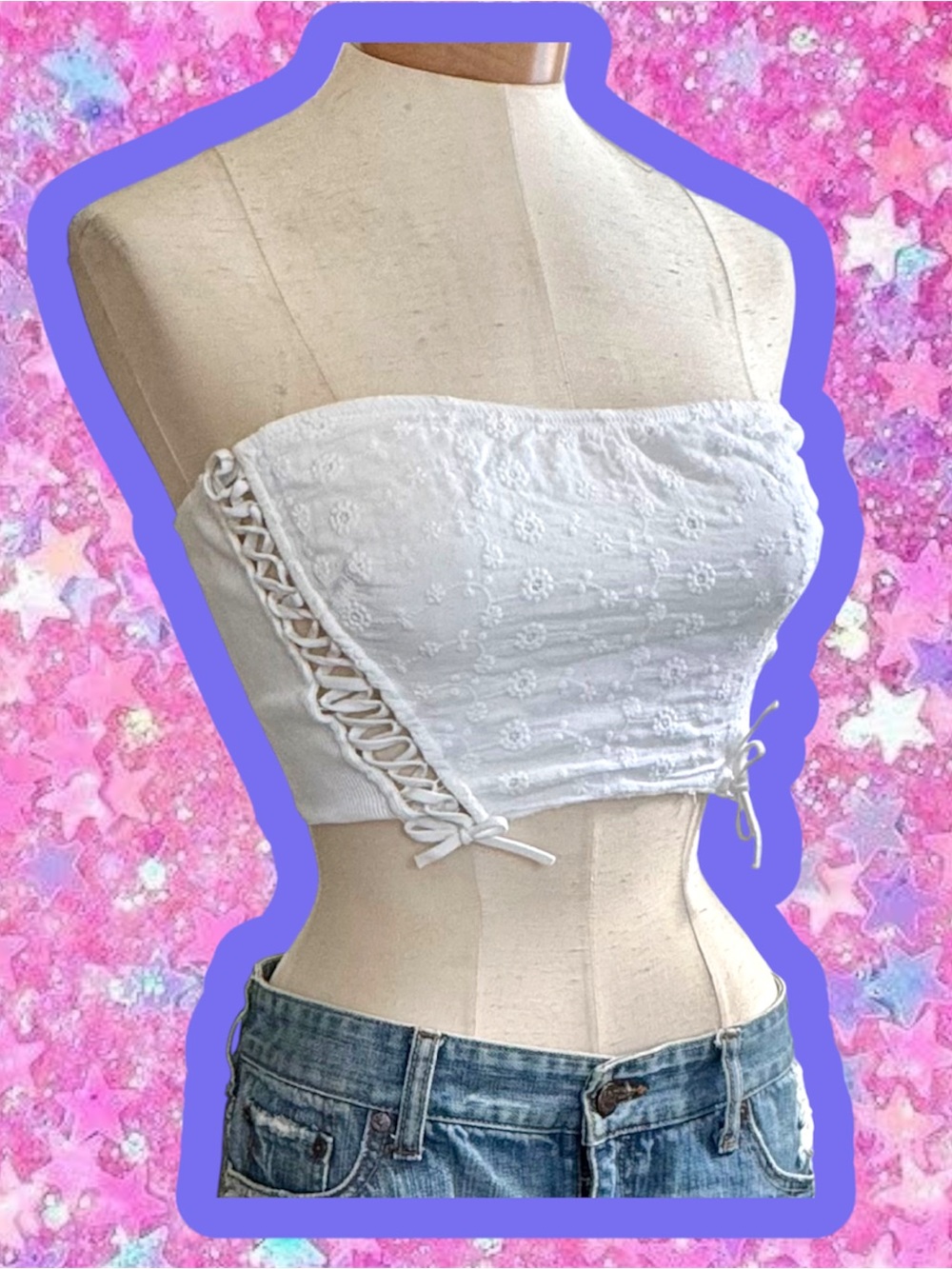 Corset cropped tube top lingerie eyelet embroidered lace up XS S Y2K 2000s 90s